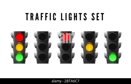 Jeu de feux de signalisation réalistes. Feux rouges, jaunes et verts. Illustration vectorielle isolée Illustration de Vecteur