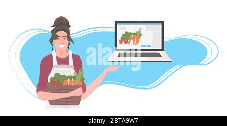 femme jardinier avec panier plein de légumes frais en utilisant portable alimentation saine en ligne commande alimentaire concept portrait horizontal vecteur illustration Illustration de Vecteur