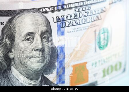 Vue rapprochée sur la facture de caucus. Portrait de Benjamin Franklin. Banque D'Images