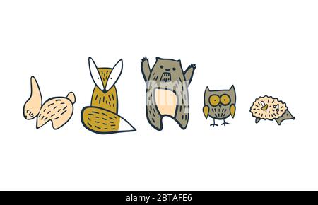 Collection d'animaux de bois dessinés à la main. Personnages mignons dans un style scandinave simple. Illustration vectorielle. Illustration de Vecteur
