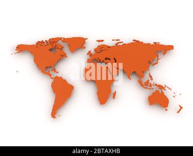 Carte du monde orange avec lumière et ombre sur fond blanc. Illustration 3D Banque D'Images