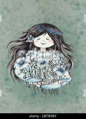 Spring girl avec une couronne bleue embrasse beaucoup de fleurs bleues dans un fond bleu vintage Banque D'Images