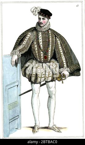 1574 CA , FRANCE : le roi CHARLES IX Valois ( 1550 - 1574 ) de France . Marié à Elisabeth d'Autriche Habsbourg ( 1570 - 1574 ). Sans fils mâles, son successeur était son neveu, le roi Henri III Valois-Angoulême ( 1551 - 1559 ), également roi du Commonwealth polonais-lituanien , fils du roi Henri II et de Catherine de' Medicis ( Caterina de Medici ). Gravure portrait par inconnu, Paris, XIX siècle. - NOBLESSE - NOBILI francesi - Nobiltà francese - FRANCIA - illustrazione - illustration - gravure - incisione - Re di Francia - collier - colletto - gorgiera - spada - épée - chapeau - cappello - or - Or - Or - Or Banque D'Images