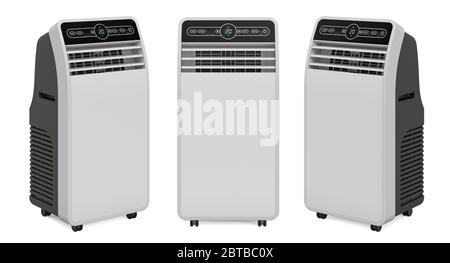Climatiseur portatif, vue latérale et avant, rendu 3D isolé sur fond blanc Banque D'Images