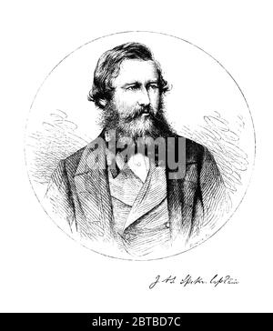 1859 CA, GRANDE-BRETAGNE: L'explorateur britannique JOHN HANNING SPEKE ( 1827 - 1864 ). Il est le plus associé à la recherche de la source du Nil et a été le premier européen à atteindre le lac VICTORIA ( 1856 - 1859 ). A voyagé avec Sir RICHARD FRANCIS BURTON ( 1821 - 1890 ) pour découvrir les grands lacs d'Afrique et la Source du Nil. - AFRIQUE NERA - ESPLORATION - EXPLORATIONS - ESPLORAZIONE - ESPLORATORE - ritrato - portrait - barbe - barba - COLONIALISMO - COLONIALISTA - COLONIALISME - gravure - incisione --- Archivio GBB Banque D'Images