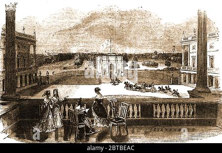 Une gravure de 1842 montrant la vue d'un balcon au Palais de Buckingham comme elle l'était à cette époque, montrant la reine Victoria et ses serviteurs personnels. Buckingham Palace devient la résidence royale principale en 1837, à l'accession de la reine Victoria. Elle était le premier monarque à y résider William IV était mort avant sa fin. Marble Arch au centre de la photo a été conçu par John Nash en 1827 pour être l'entrée de l'État mais a été déplacé à sa position actuelle en 1851. Banque D'Images