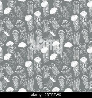 Illustration vectorielle de différentes silhouettes blanches motif de surface sans couture de méduses. Fond de mer de poisson. Illustration de Vecteur