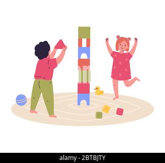 Les enfants jouent ensemble, construisent une tour de cubes. Illustration de Vecteur