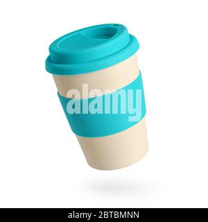 Tasse à café en bambou réutilisable avec support en silicone bleu et couvercle. Isolé sur blanc. Concept zéro déchet Banque D'Images