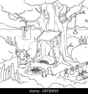 Esquisse amérindienne jouant l'harmonica près de la tente dans la forêt. Page de livre de coloriage vectoriel. Illustration de Vecteur