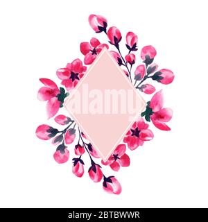 Fleurs Sakura, cadre aquarelle en fleur de cerisier, pétales et bourgeons roses, modèle de décoration florale. Fleurs de cerisier ou sakura japonaise blush aquarelle, fleurs en fleurs Illustration de Vecteur