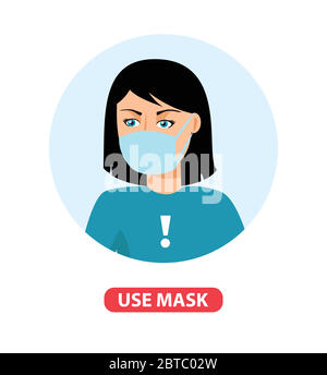 Femme porte un vecteur de masque. Vector Wear masque signe pour femmes. Panneau d'avertissement recommander l'utilisation d'un masque de protection pour prévenir l'infection virale Illustration de Vecteur