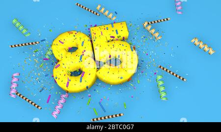 Numéro 85 pour l'anniversaire, anniversaire ou promotion, en lettres jaunes épaisses sur fond bleu décorées de bonbons, de banderoles, de pailles au chocolat et Banque D'Images
