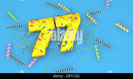 Numéro 77 pour l'anniversaire, anniversaire ou promotion, en lettres jaunes épaisses sur fond bleu décorées de bonbons, de banderoles, de pailles au chocolat et Banque D'Images