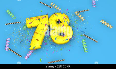 Numéro 78 pour l'anniversaire, anniversaire ou promotion, en lettres jaunes épaisses sur fond bleu décorées de bonbons, de banderoles, de pailles au chocolat et Banque D'Images