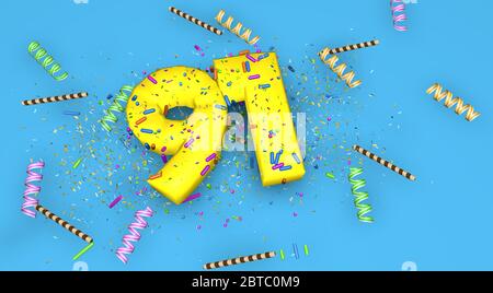 Numéro 91 pour l'anniversaire, anniversaire ou promotion, en lettres jaunes épaisses sur fond bleu décorées de bonbons, de banderoles, de pailles au chocolat et Banque D'Images