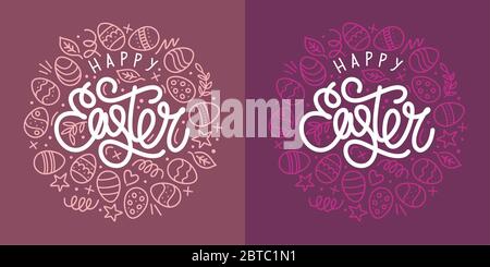 Main Esquissed Happy Easter Vector Typographique comme logotype, badge et icône, carte postale de Pâques, carte, invitation, circulaire, modèle de bannière. Illustration de Vecteur