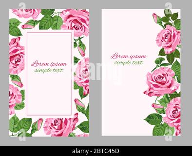 Ensemble d'invitations de mariage ou de cartes de vœux avec des roses vectorielles et placez pour le texte sur le cadre rectangulaire Illustration de Vecteur