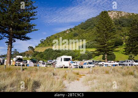 Camp de moteur du domaine de Mount Maunganui, ville de Tauranga, Île du Nord, Nouvelle-Zélande Banque D'Images