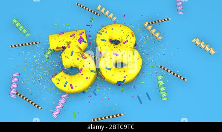 Numéro 38 pour l'anniversaire, anniversaire ou promotion, en lettres jaunes épaisses sur fond bleu décorées de bonbons, de banderoles, de pailles au chocolat et Banque D'Images