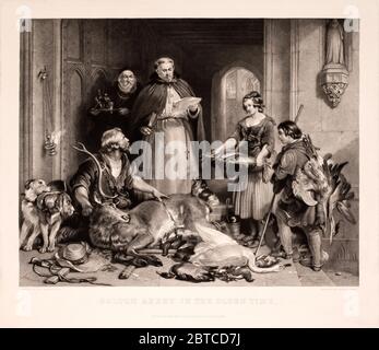 Scène dans l'époque ancienne à l'abbaye de Bolton gravée George Zobel après peinture par Edwin Henry Landseer. Publié à Londres le 16 mai 1865 par William T. Banque D'Images