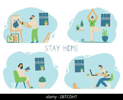 Jeu de caractères de personnes sur la quarantaine. Restez à la maison, distance sociale, travail en ligne, repos posttif, yoga, lecture de livre, coronavirus Protect concept design. Conception plate. Illustration vectorielle. Illustration de Vecteur