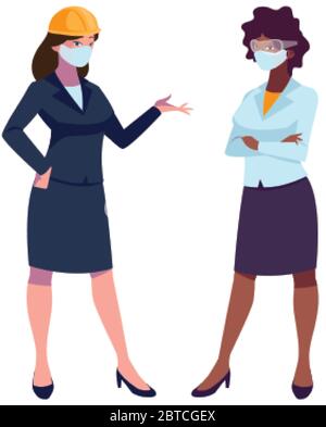 femmes industrielles travailleurs avec masques de visage dessin vectoriel Illustration de Vecteur