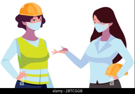 femmes industrielles travailleurs avec masques de visage dessin vectoriel Illustration de Vecteur