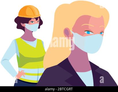 femmes industrielles travailleurs avec masques de visage dessin vectoriel Illustration de Vecteur
