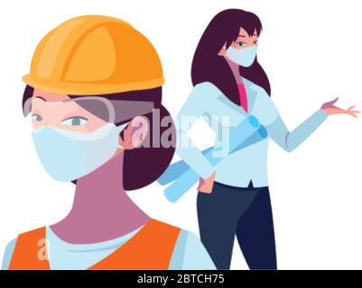 femmes industrielles travailleurs avec masques de visage dessin vectoriel Illustration de Vecteur