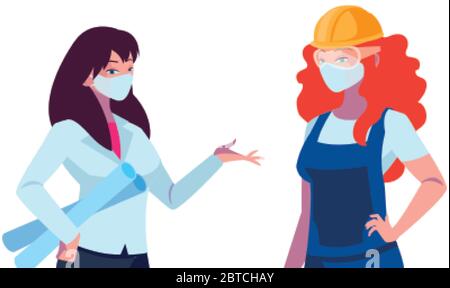 femmes industrielles travailleurs avec masques de visage dessin vectoriel Illustration de Vecteur