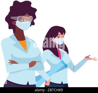 femmes industrielles travailleurs avec masques de visage dessin vectoriel Illustration de Vecteur