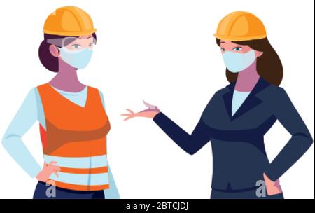femmes industrielles travailleurs avec masques de visage dessin vectoriel Illustration de Vecteur