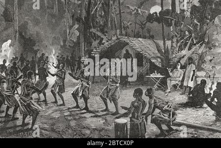 Historia de Afrique. SIGLO XIX El Congo. Velada bailable musical en Mbee, cerca de Banza Manteka. Grabado por W. Meyer. El Congo y la Creación del Estado Independiente de este nombre. Historia de los Trabajos y Exploraciones Verificados, por Enrique M. Stanley. Editada en Barcelona, hacia 1890. Espagne. Banque D'Images