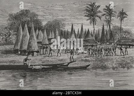 Historia de Afrique. SIGLO XIX Vista de Bondeh. Grabado. El Congo y la Creación del Estado Independiente de este nombre. Historia de los Trabajos y Exploraciones Verificados, por Enrique M. Stanley. Editada en Barcelona, hacia 1890. Espagne. Banque D'Images