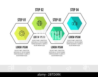 Infographies vectorielles. Chronologie moderne avec quatre hexagones. Utilisé pour la conception Web, la publicité marketing, la mise en page du flux de travail, le rapport annuel Illustration de Vecteur