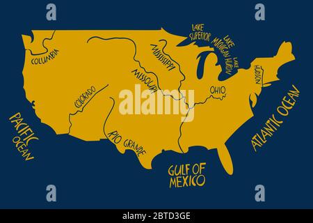 Carte stylisée vectorielle dessinée à la main des États-Unis d'Amérique. Illustration de voyage de la forme des Etats-Unis avec des rivières et des eaux. Illustrateur de lettres dessiné à la main Illustration de Vecteur