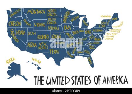 Carte stylisée vectorielle dessinée à la main des États-Unis d'Amérique. Illustration de voyage des États-Unis. Illustration avec lettrage dessiné à la main. Amérique du Nord ma Illustration de Vecteur