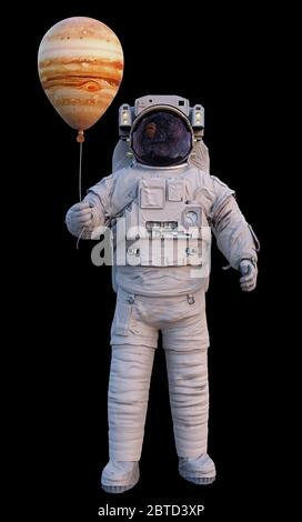 Astronaute avec ballon Jupiter de la planète isolé sur fond noir Banque D'Images