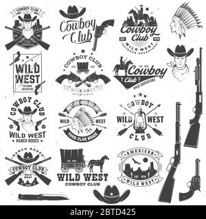 Ensemble de badges de club de cow-boy. Rodéo Ranch. Illustration vectorielle. Concept pour chemise, logo, imprimé, timbre, tee-shirt avec cowboy et fusil de chasse. Motif typographique vintage avec silhouette de carabine sauvage de l'ouest et de l'ouest. Illustration de Vecteur