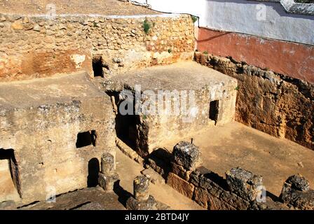 Vue sur les ruines de la tombe des éléphants (Tumba del Elefante) dans le complexe de nécropole romaine, Carmona, province de Séville, Andalousie, Espagne. Banque D'Images