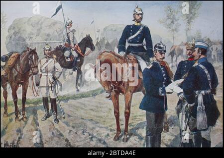 Armée de Prusse, arrivée des besoins de bivouac dans le camp, cuirassiers et paymaster, Allemagne, ca 1900 / Preussens Heer, Ankunft der Biwakbeduerfnisse im Lager, Kuerassiere und Zahlmeister, Deutschland, ca 1900, Historisch, historique, numérique reproduction améliorée d'un original du Rewakbeduerfnisse im Lager, 19 Origalier. Jahrhundert, Banque D'Images