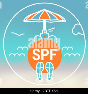 Icône, logo, badge avec mot SPF, protéger du soleil, lumière du soleil. Vacances d'été Illustration, crème solaire, lotion, huile, parapluie orange, sandales Illustration de Vecteur