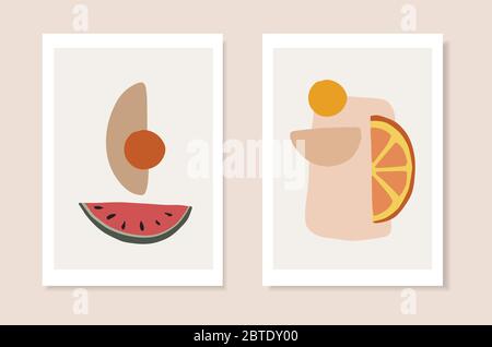 Jeu de cartes de vœux artistiques d'été, invitations. Couper la pastèque, l'orange agrumes et les formes géométriques abstraites. Vecteur moderne minimaliste Illustration de Vecteur