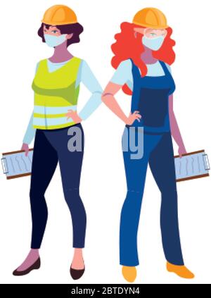 femmes industrielles travailleurs avec masques de visage dessin vectoriel Illustration de Vecteur
