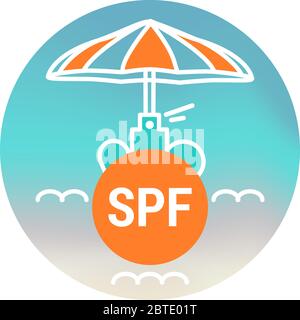 Icône, logo, badge avec mot SPF, protéger du soleil, lumière du soleil. Vacances d'été Illustration, crème solaire, lotion, huile, parapluie orange, sandales Illustration de Vecteur