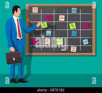 Scrum agile conseil et homme d'affaires. Le tableau d'affichage est suspendu au mur et contient des tâches sur les cartes de notes adhésives. Liste des événements pour l'employé. Développement, travail d'équipe, programme, liste des tâches. Illustration vectorielle plate Illustration de Vecteur