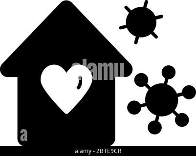 Cœur avec la forme de la maison et les virus à l'extérieur. Conçu comme un logo ou une icône noire préparé pour le coronovirus covid-19 icônes remarquables montre les messages restent Illustration de Vecteur