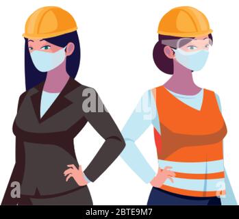 femmes industrielles travailleurs avec masques de visage dessin vectoriel Illustration de Vecteur