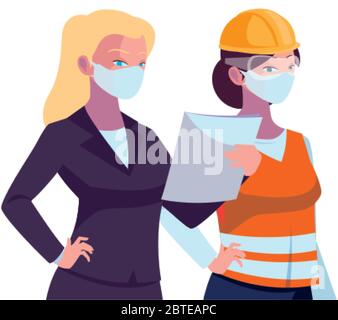 femmes industrielles travailleurs avec masques de visage dessin vectoriel Illustration de Vecteur